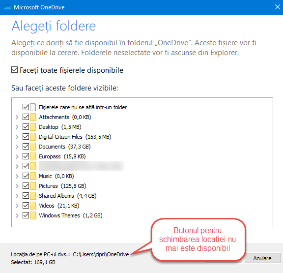 Butonul pentru schimbarea locației nu este disponibil în OneDrive