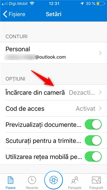 Încărcarea din cameră, în OneDrive pentru iOS