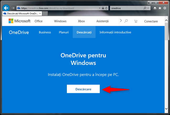 Pagina web de descărcare a Microsoft OneDrive
