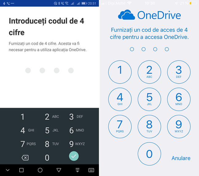 Alege-ți codul de acces în OneDrive pentru Android sau iOS