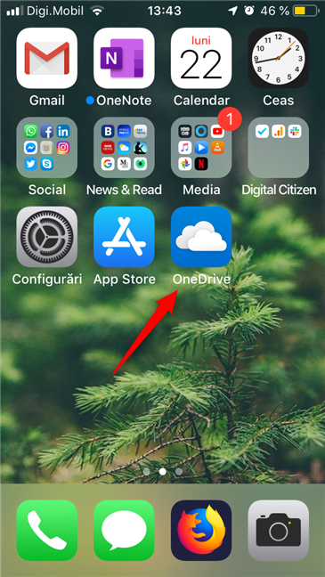 Deschiderea aplicației OneDrive de pe ecranul de pornire al unui iPhone