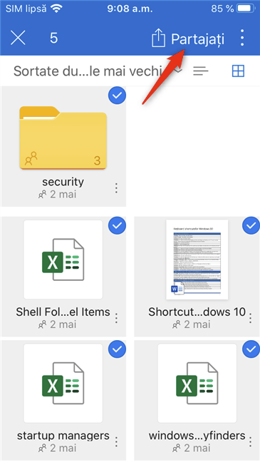Butonul Partajare din OneDrive pentru iOS