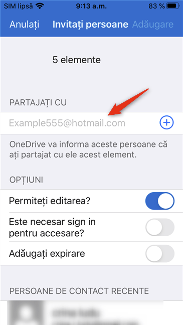 Introducerea adreselor de e-mail la care să fie trimis linkul de partajare