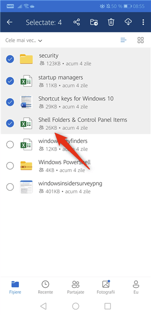 Selectarea de fișiere și foldere în OneDrive pentru Android