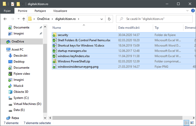 Selectarea fișierelor și folderelor din folderul OneDrive
