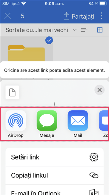 Opțiuni de partajare în OneDrive pentru iOS