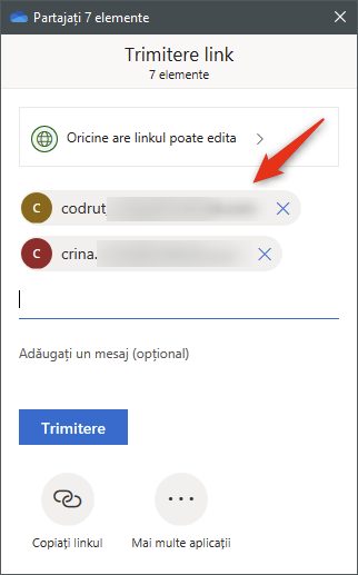 Adăugarea de destinatari la lista de partajare