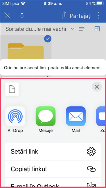 Acțiuni disponibile în OneDrive pentru iOS