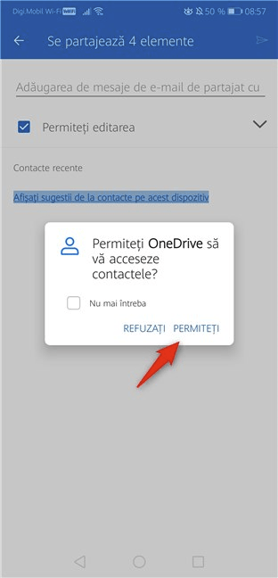 Permiteți OneDrive să vă acceseze contactele