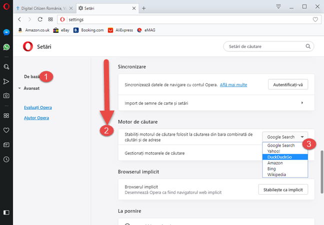 Setările din Opera pentru motorul de căutare