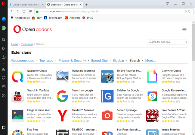 Motoarele de căutare disponibile drept extensii pentru Opera