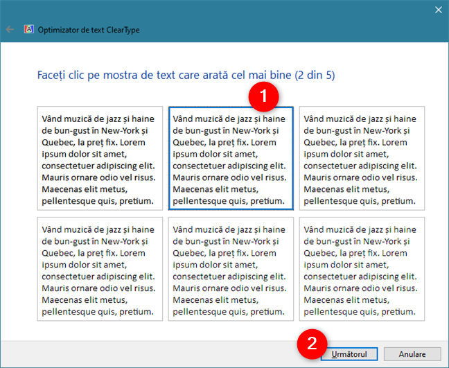 ClearType Text Tuner arată cinci seturi de eșantioane de text