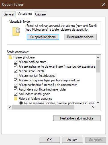 Setări complexe în Opțiuni Folder
