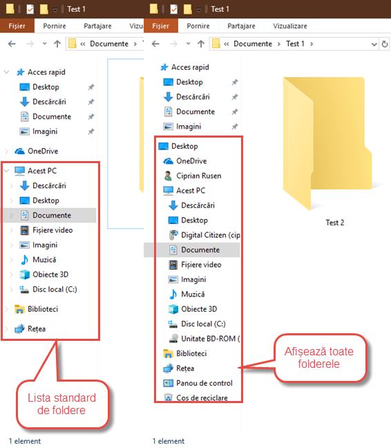 File Explorer afișează toate folderele vs. lista standard
