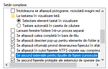 Ascunde extensiile tipurilor de fișiere cunoscute