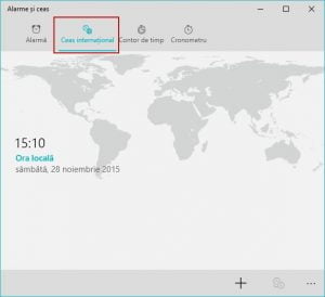 Windows 10, ceas, international, alarme, timp, ora, orase, glob