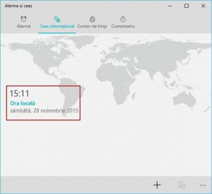 Windows 10, ceas, international, alarme, timp, ora, orase, glob