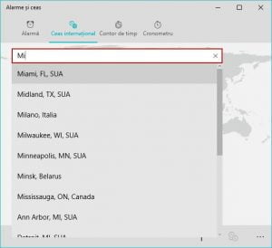 Windows 10, ceas, international, alarme, timp, ora, orase, glob