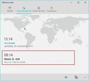 Windows 10, ceas, international, alarme, timp, ora, orase, glob