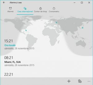 Windows 10, ceas, international, alarme, timp, ora, orase, glob