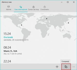 Windows 10, ceas, international, alarme, timp, ora, orase, glob