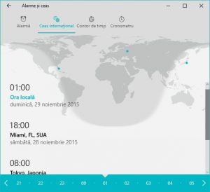Windows 10, ceas, international, alarme, timp, ora, orase, glob