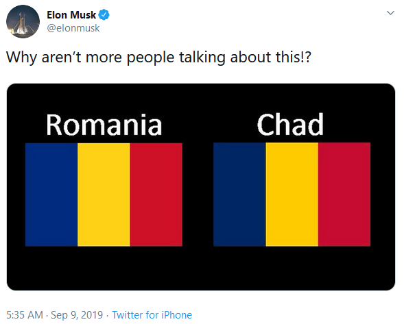 Tweet-ul lui Elon Musk despre steagurile României și ale Ciadului