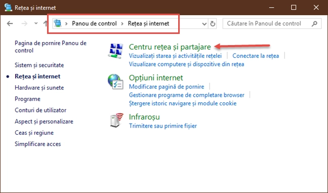 Legătura pentru Centru Rețea și Partajare din Windows 10