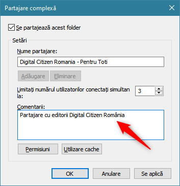 Adăugarea de Comentarii pentru folderul partajat