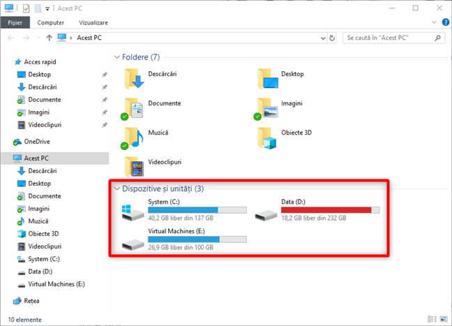 Explorer în Windows 10, afișând toate unitățile de stocare și toate partițiile