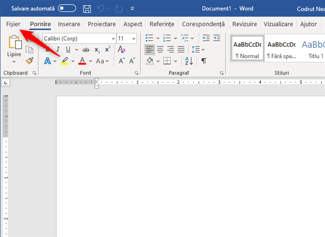 Meniul Fișier din Word
