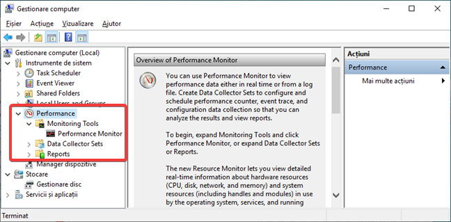 Folosește Performance Monitor din Gestionare computer