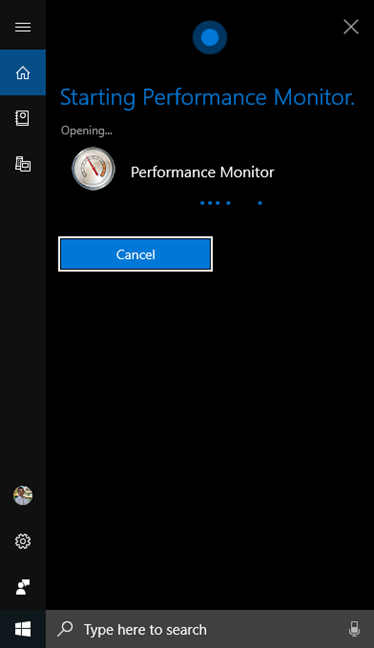 Cortana deschizând Performance Monitor