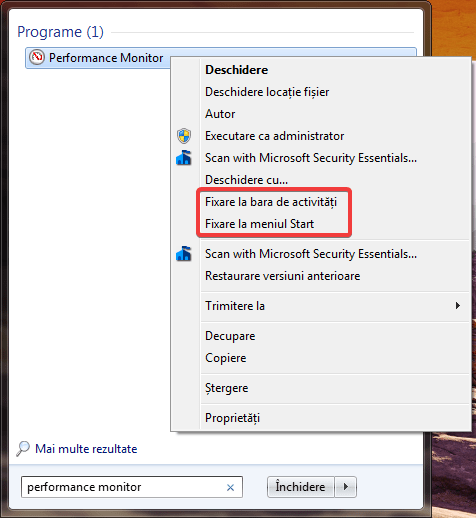 Fixare la bara de activități și Fixare la meniul Start în Windows 7