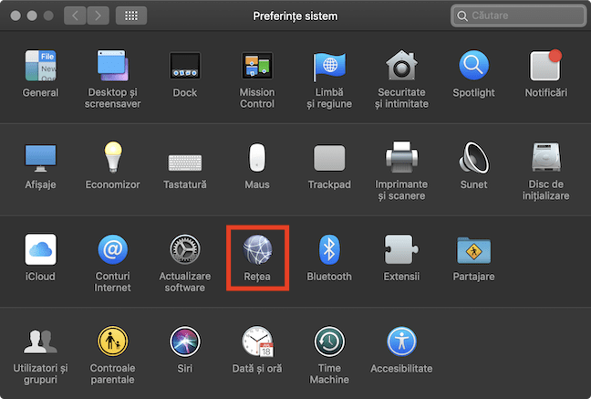 Opțiunea Rețea din fereastra Preferințe sistem