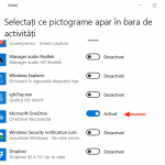 Activează comutatorul din dreptul OneDrive pentru a-i afișa pictograma în bara ta de activități