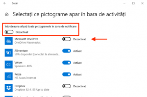 Dezactivează și comutatorul care afișează toate pictogramele, și pe cel din dreptul pictogramelor pe care vrei să le ascunzi