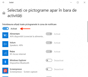 Activează întrerupătorul din capul listei pentru a afișa toate pictogramele în bara de activități