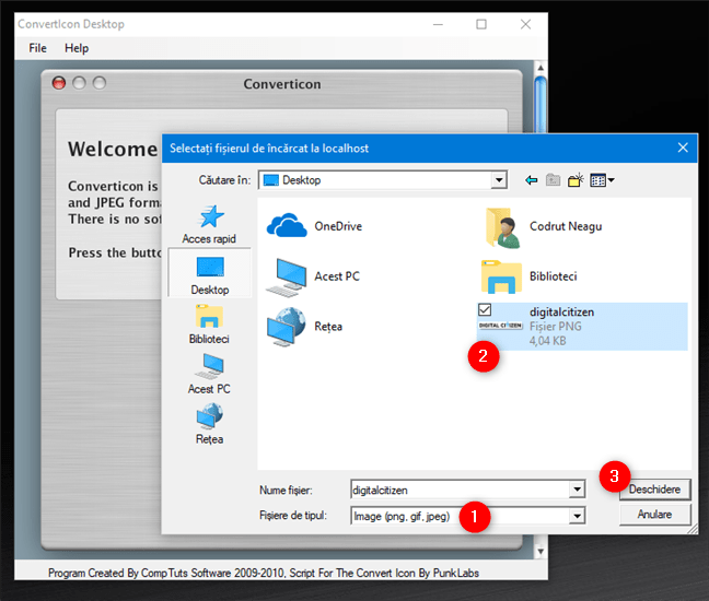 ConvertIcon Desktop - Selectarea fișierului imagine ce va fi convertit în ICO