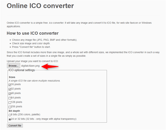 Online ICO converter - Selectarea rezoluțiilor ce vor fi utilizate pentru fișierul ICO file