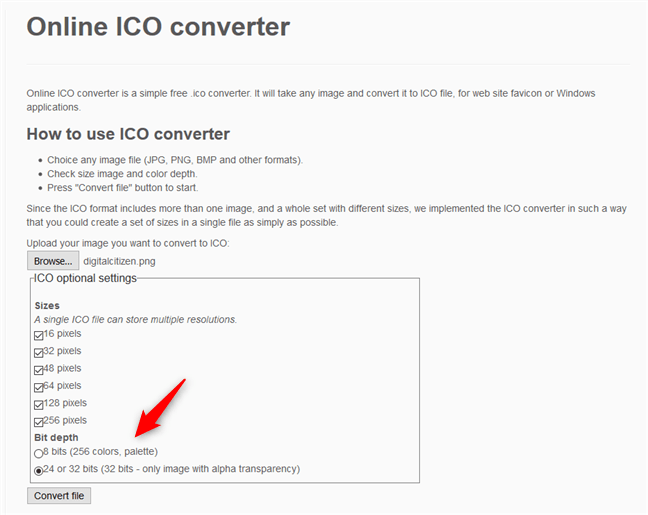 Online ICO converter - Selectarea adâncimii de bit pentru fișierul ICO