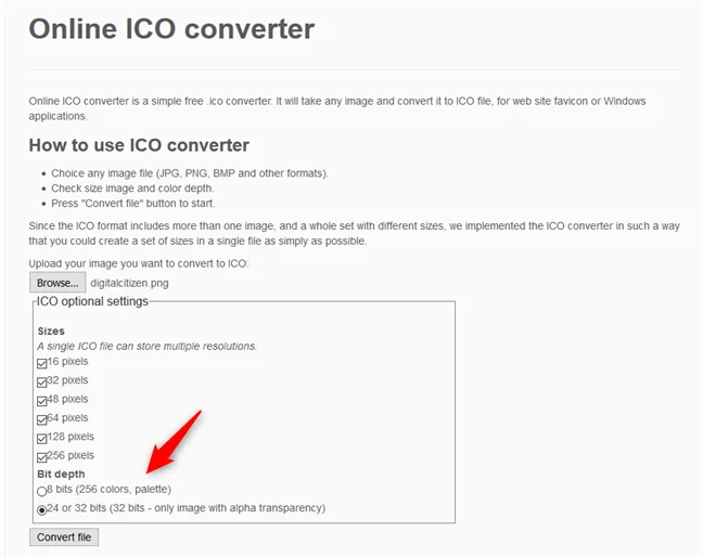 Online ICO converter - Selectarea adâncimii de bit pentru fișierul ICO
