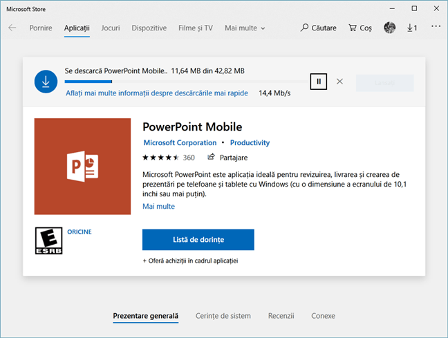 Așteptând ca Magazinul Microsoft să descarce și să instaleze PowerPoint Mobile