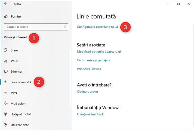 Configurare conexiune nouă în secțiunea Linie comutată din Setările Windows 10