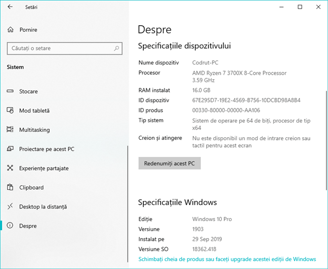 Windows 10 Pro, versiunea 1903, build 18362.418