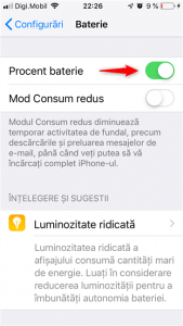 Comutatorul Procent baterie de pe un iPhone