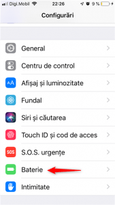 Setări de Baterie în Configurările unui iPhone SE