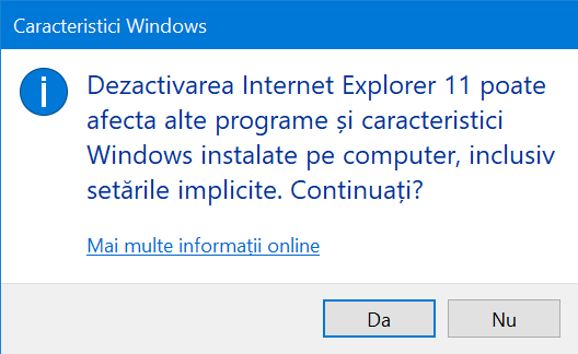 Windows 10 te avertizează de consecințele dezactivării anumitor caracteristici