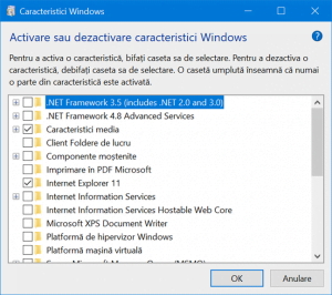 Caracteristici Windows listează toate componentele disponibile