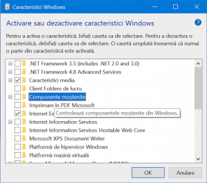 O scurtă descriere e disponibilă pentru fiecare caracteristică Windows